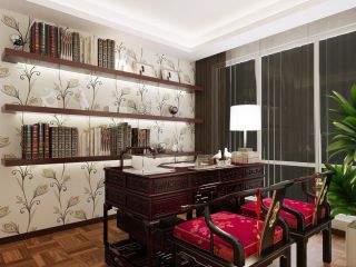 中式家庭小书房墙面壁纸装修效果图片