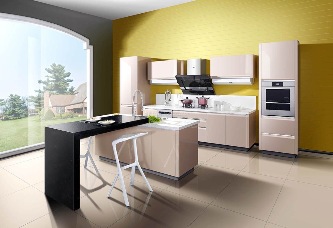 2023现代简约风格厨房黄色墙面装修效果图片