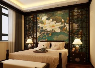 中式古典风格卧室床头背景墙装修效果图