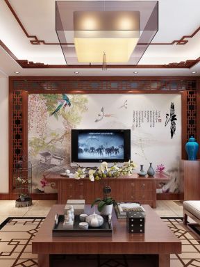 中式大气客厅 实木电视柜效果图