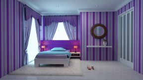 紫色卧室 条纹壁纸装修效果图片