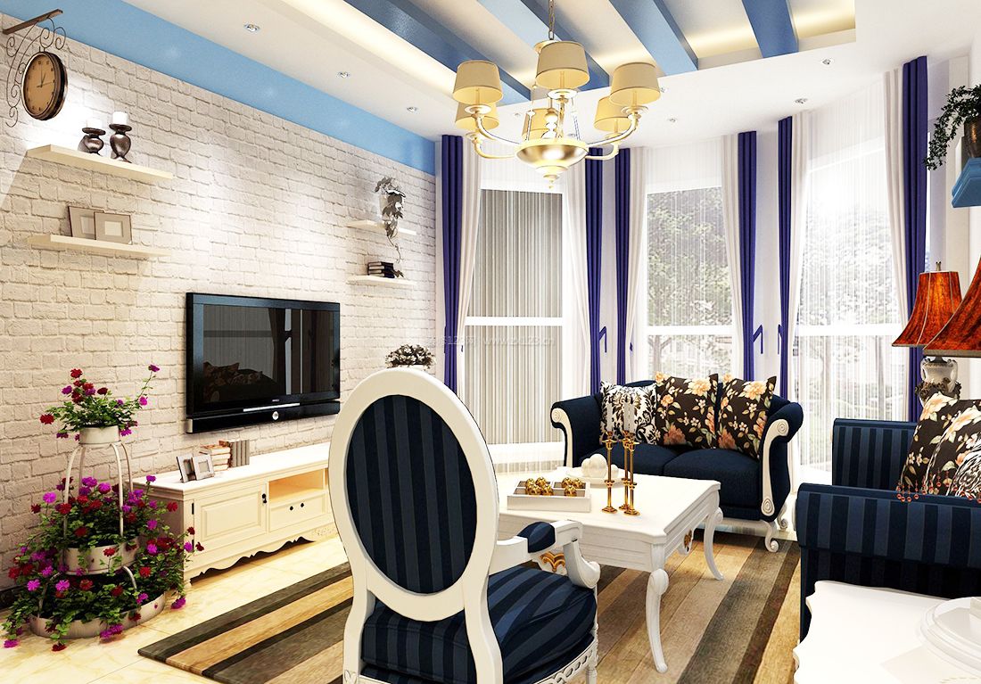 地中海风格小户型客厅蓝色布艺沙发图片