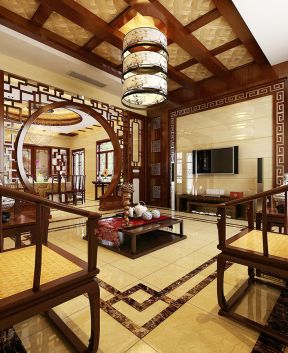 别墅客厅设计古典中式风格元素装修效果图片2023