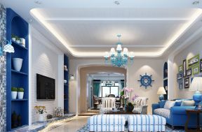 地中海风格客厅蓝色墙面置物架装修效果图片案例