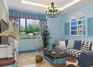 地中海风格小客厅蓝色墙面装修效果图片案例
