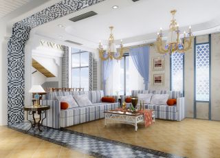 2023地中海风格别墅客厅蓝色窗帘装修效果图