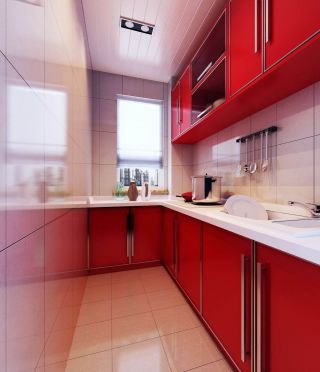 小面积厨房大红色橱柜装修效果图片