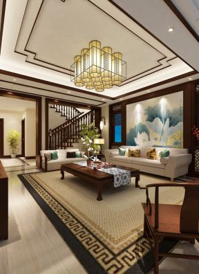 2023跃层别墅家装客厅中式元素装饰效果图