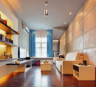 130平米房屋简单客厅蓝色窗帘装修效果图片