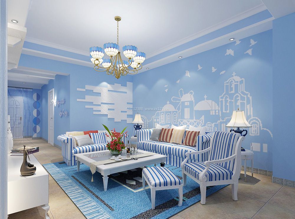 地中海风格室内沙发背景墙装修效果图片