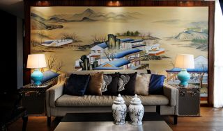 中式客厅背景墙壁画装修设计效果图