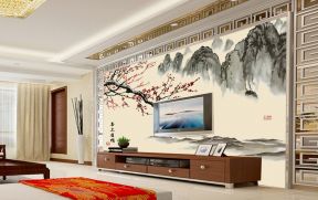 新中式客厅电视墙 电视机背景墙效果图绘画