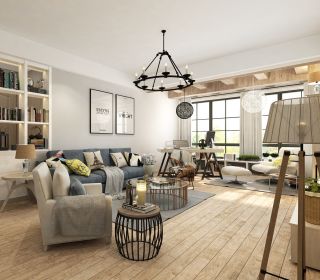 现代美式样板房客厅布艺沙发装修效果图片