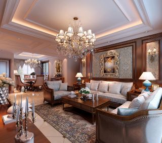 美式别墅客厅实木沙发装修效果图片
