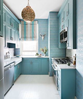 70平米两室一厅小厨房蓝色橱柜装饰装修效果图片