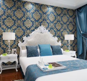 欧式卧室床头背景 欧式花纹壁纸装修效果图片