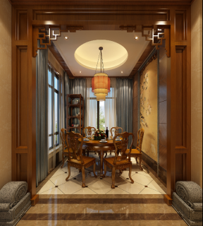 中式别墅餐厅实木圆餐桌装修效果图片