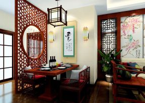 中式餐厅阳台实木隔断效果图  