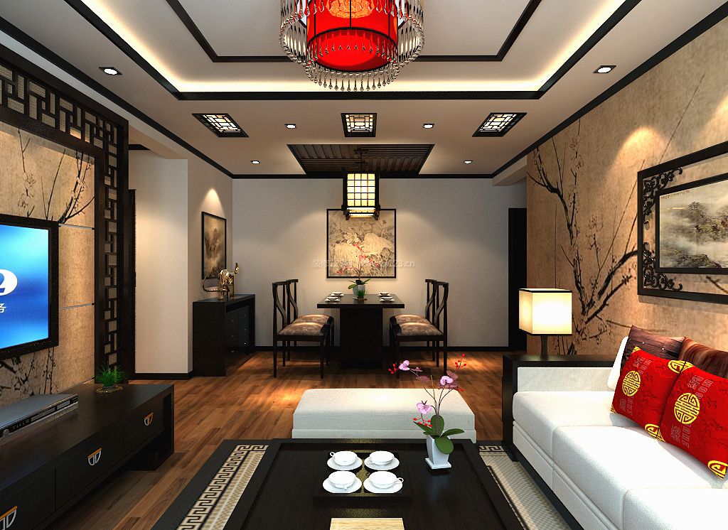 中式家庭客厅连过道吊顶装修效果图