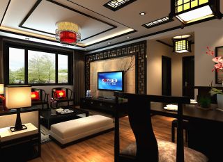 2023新中式客厅瓷砖电视墙背景装修效果图