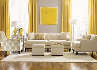 现代北欧风格客厅黄色窗帘装修效果图片