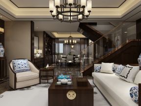 新中式别墅客厅装修效果图 木箱茶几装修效果图片