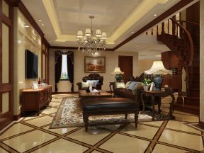 美式别墅客厅真皮沙发设计装修效果图片