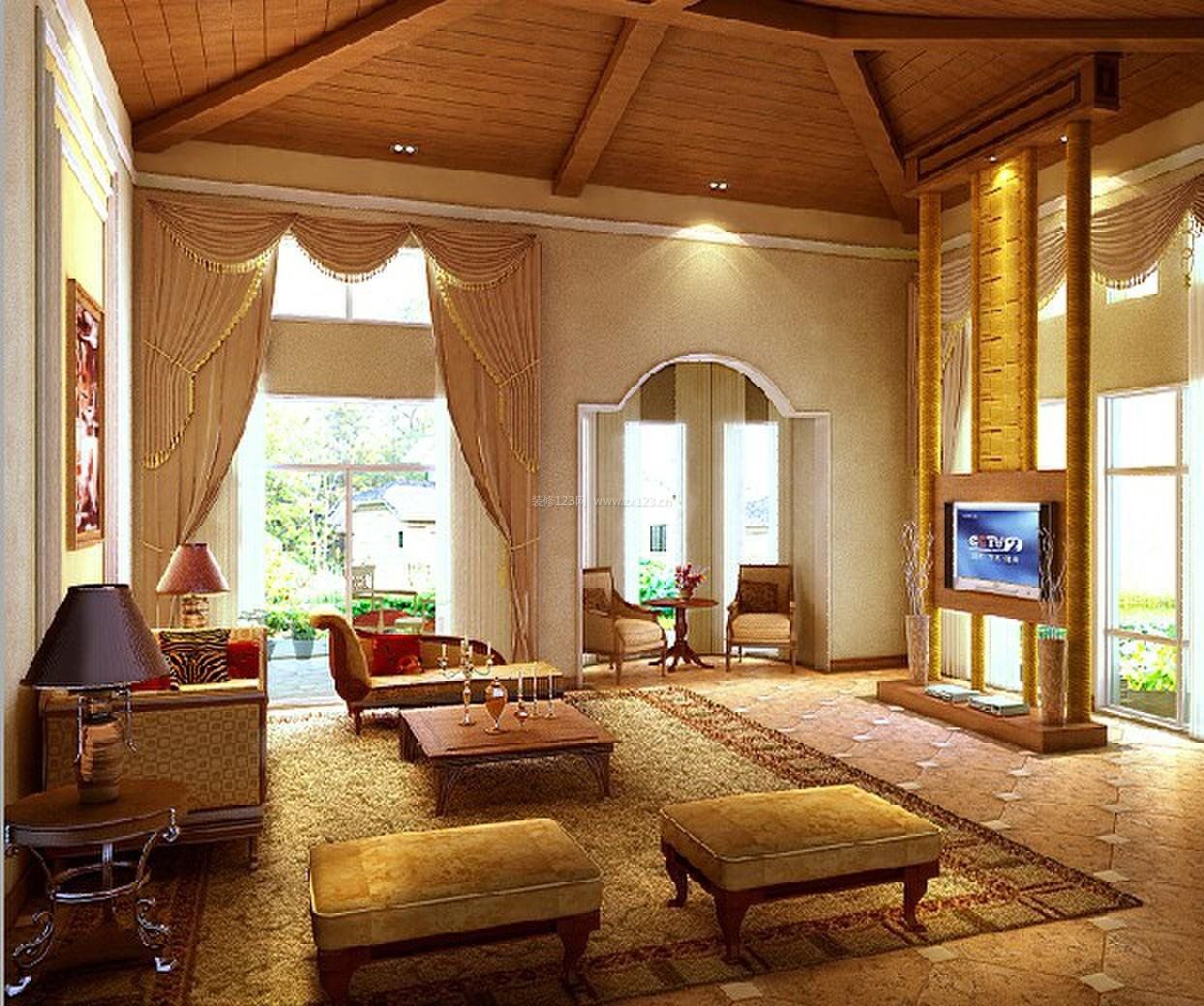 室内客厅东南亚风格吊顶效果图