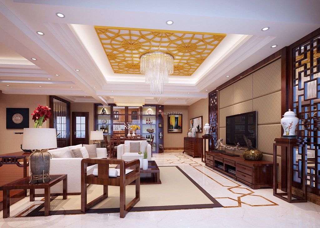 新中式别墅客厅红木沙发背景墙设计