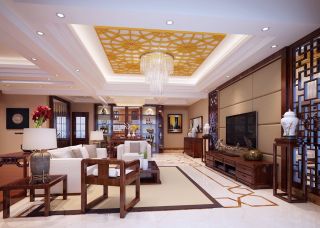 新中式别墅客厅红木沙发背景墙设计
