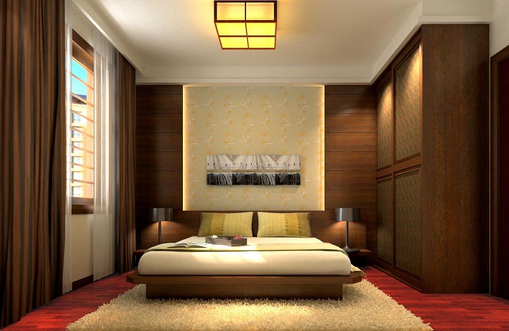 新中式卧室床头背景墙装修效果图