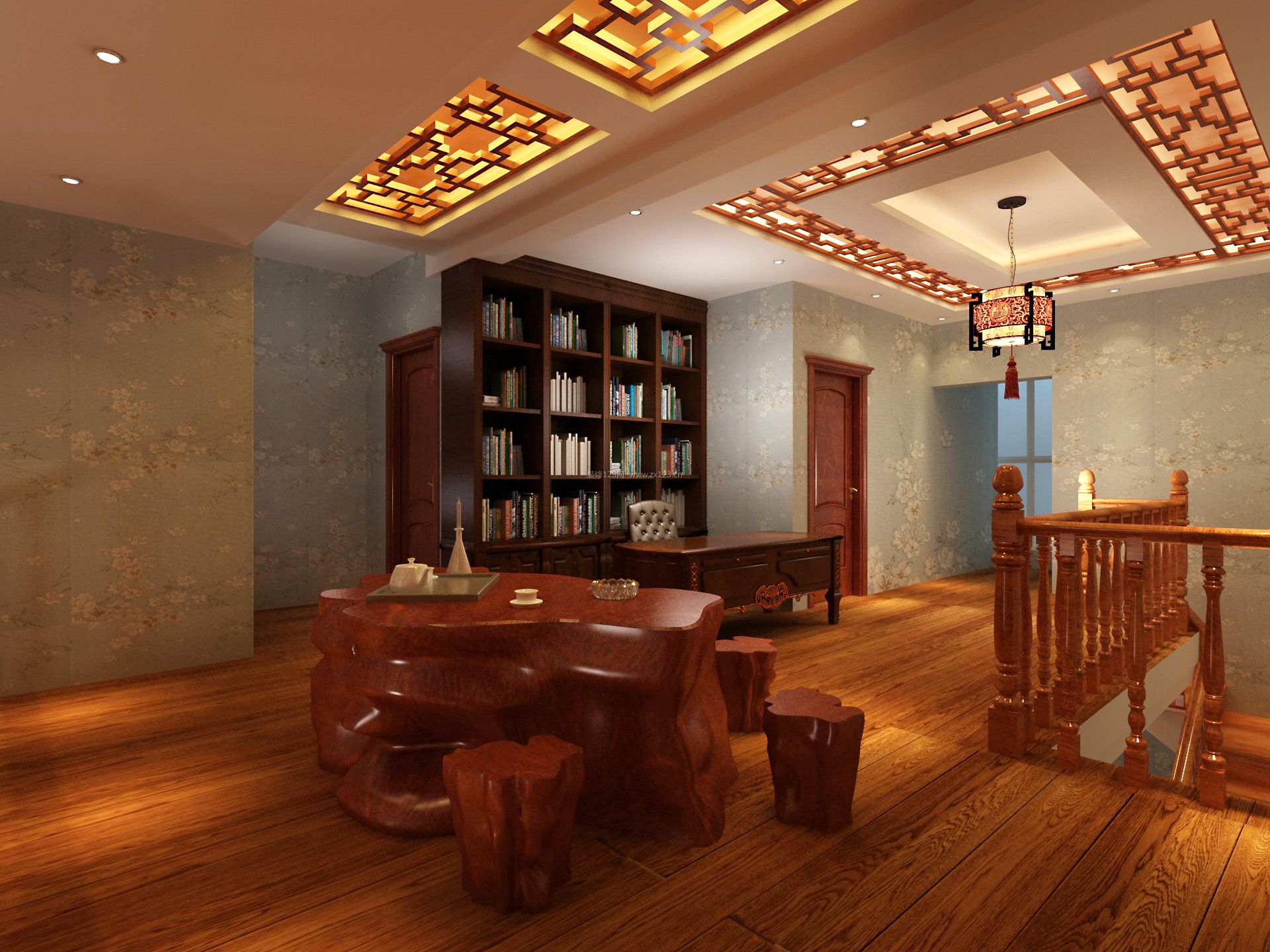 新中式别墅家庭书房装修设计效果图