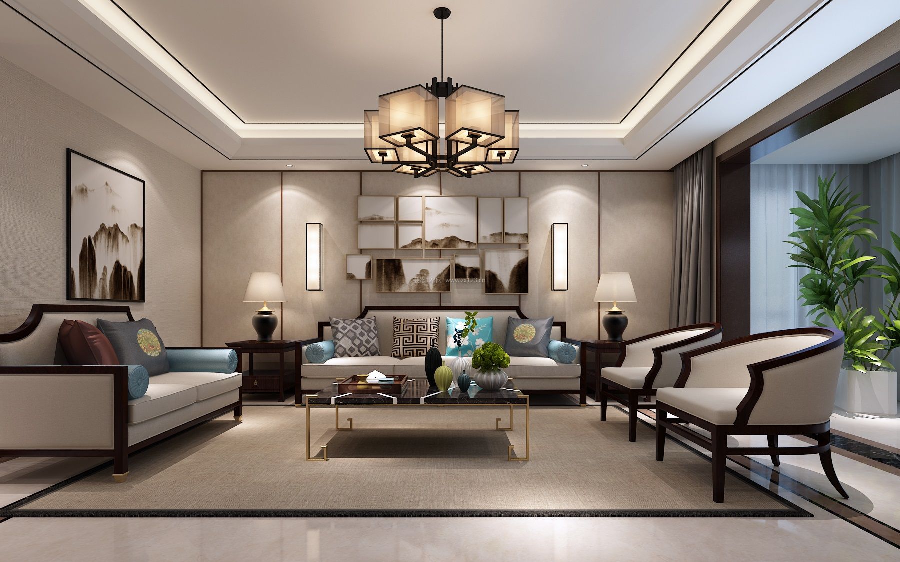 简单中式风格客厅沙发背景墙装修效果图欣赏
