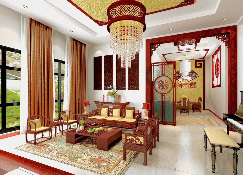 中式客厅棕色窗帘装修效果图片