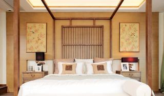 中式田园风格卧室床的摆放装修效果图 