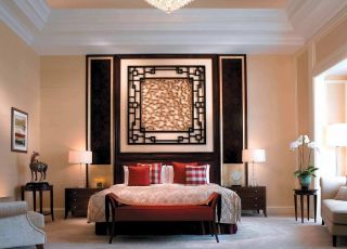 中式田园风格卧室床背景墙装修效果图 