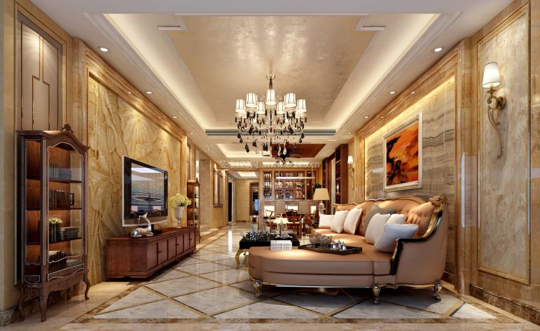 欧式别墅客厅装修效果图 多人沙发装修效果图片