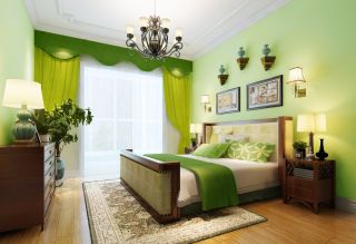 欧式田园风格卧室绿色窗帘装修效果图片