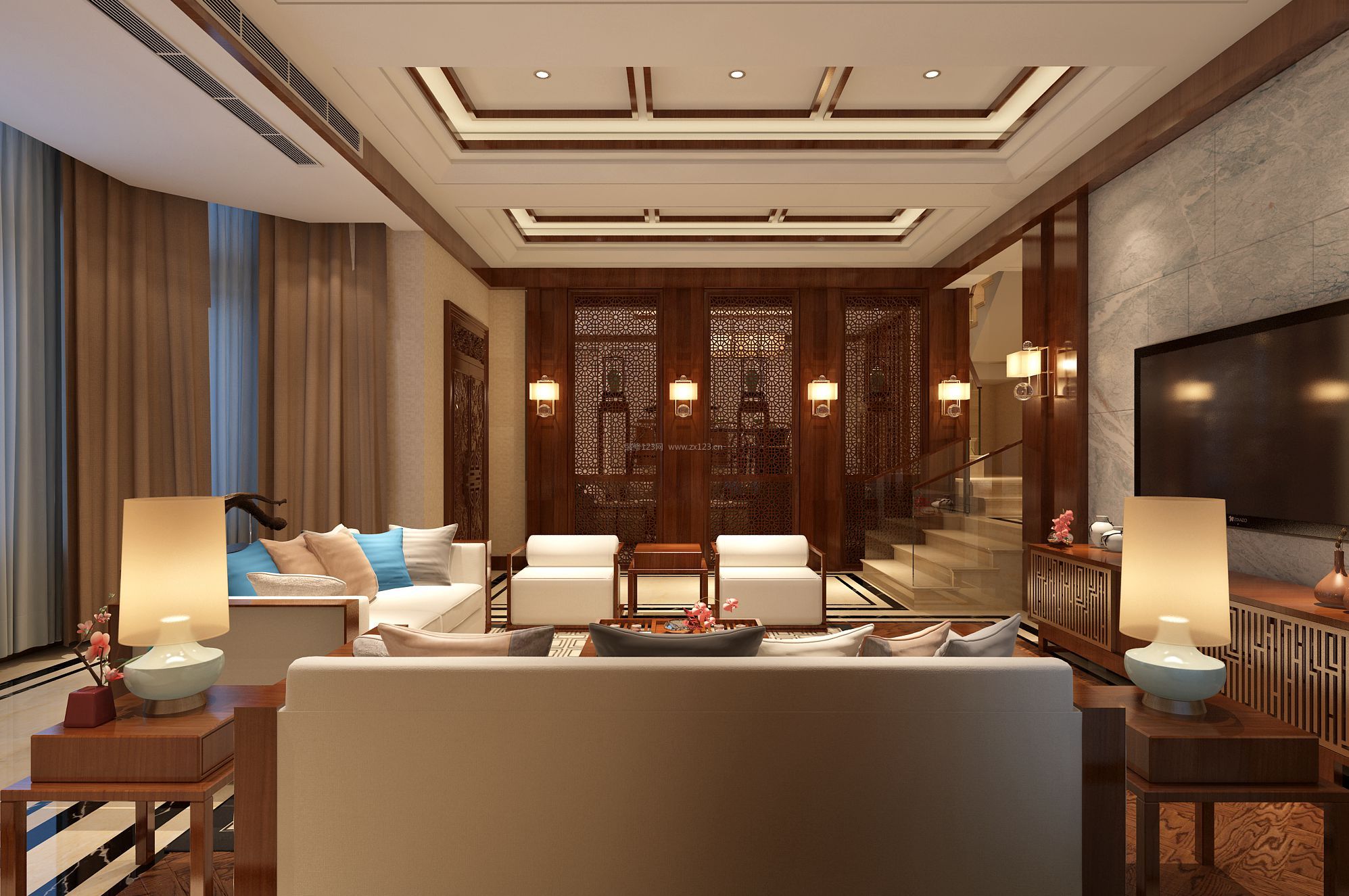 简约中式风格别墅客厅装修设计效果图