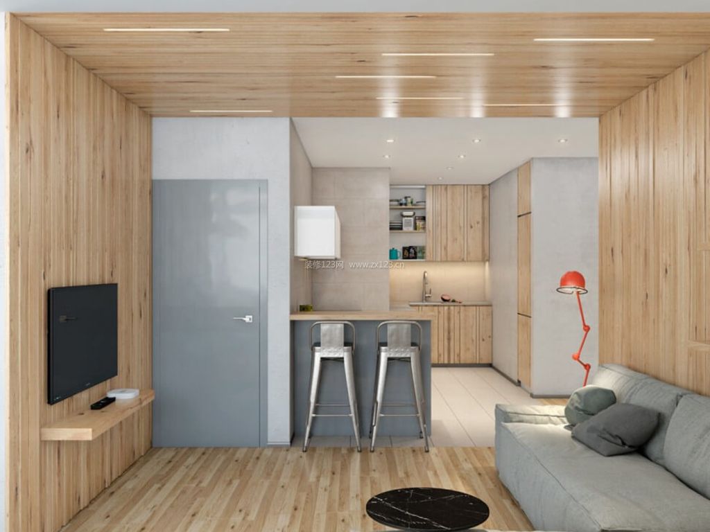 现代小户型家装客厅木质背景墙装修效果图片