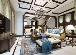 美式风格别墅客厅沙发背景墙装修效果图欣赏