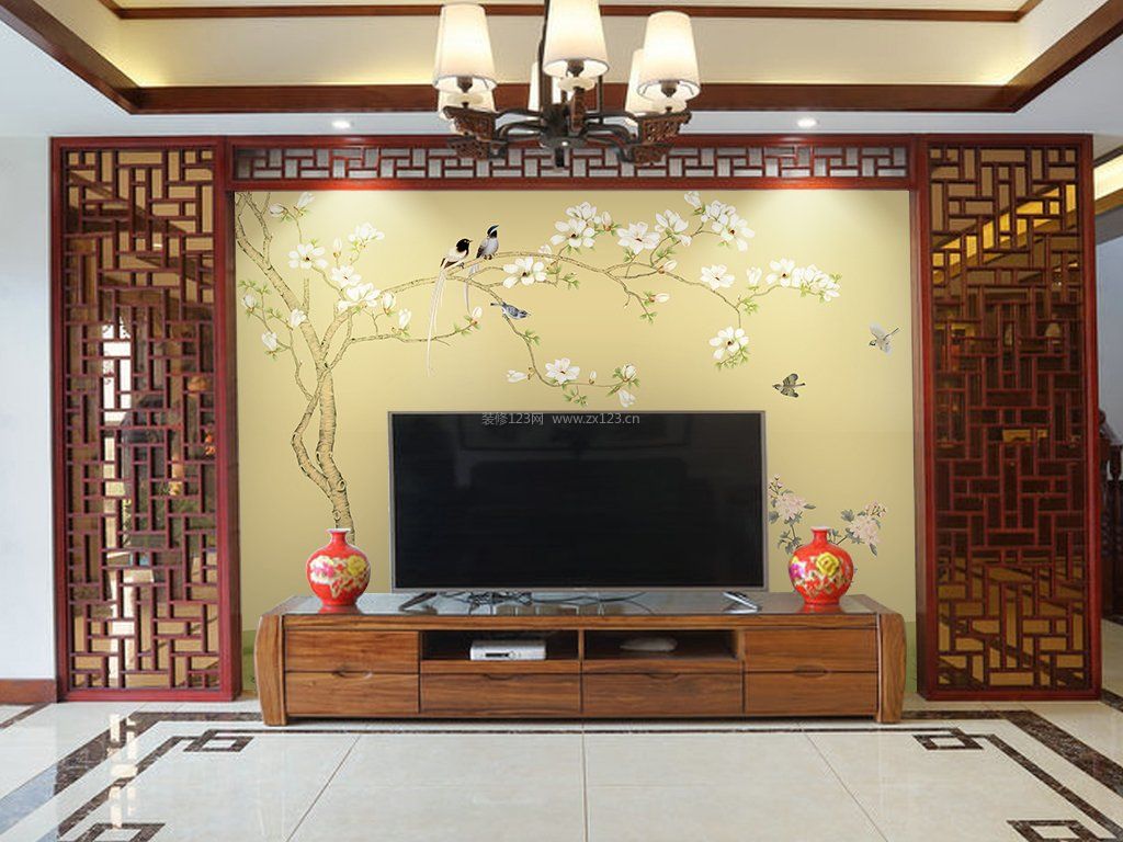 新中式风格客厅影视墙壁纸装修效果图片大全