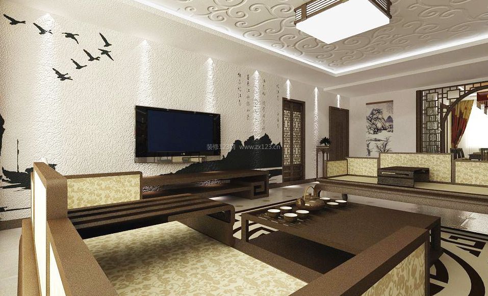 中式客厅硅藻泥背景墙装修效果图片 