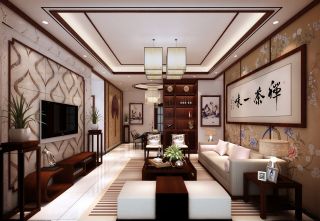 新中式样板房客厅瓷砖电视背景墙装修效果图