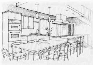 开放式厨房餐厅手绘效果图