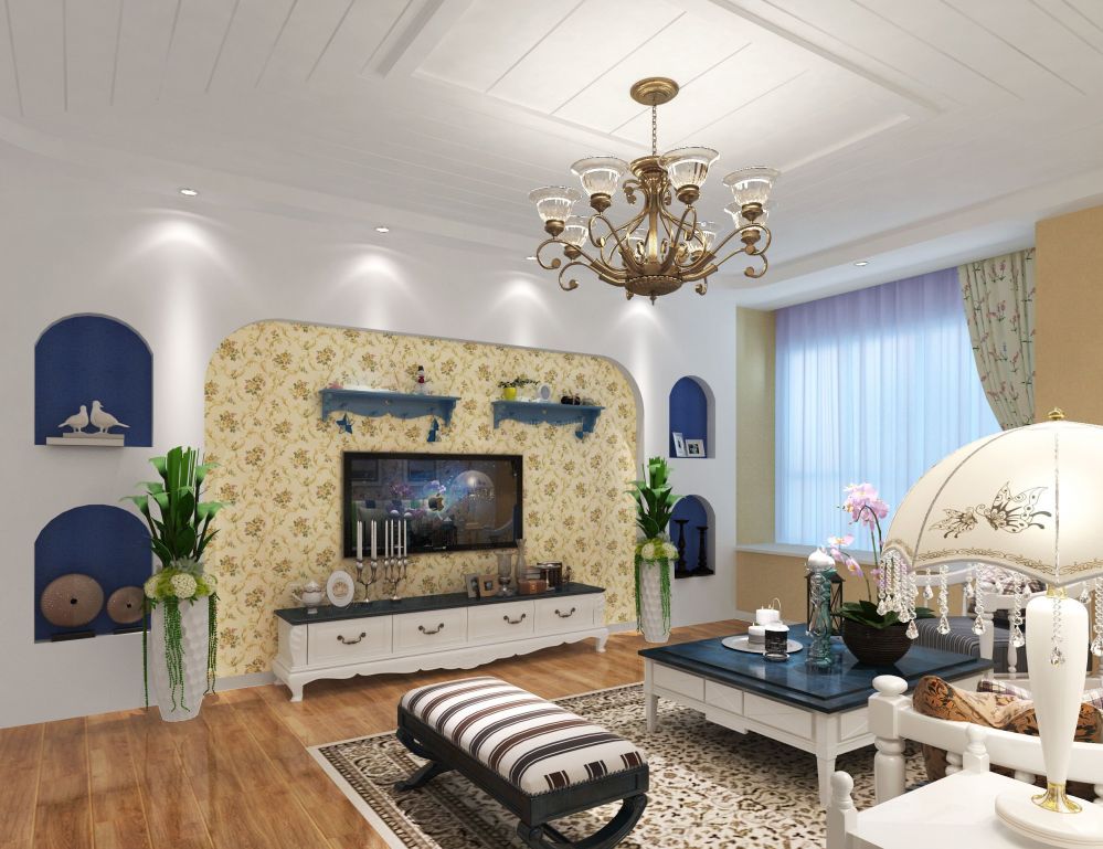 地中海客厅电视墙壁纸装修效果图欣赏