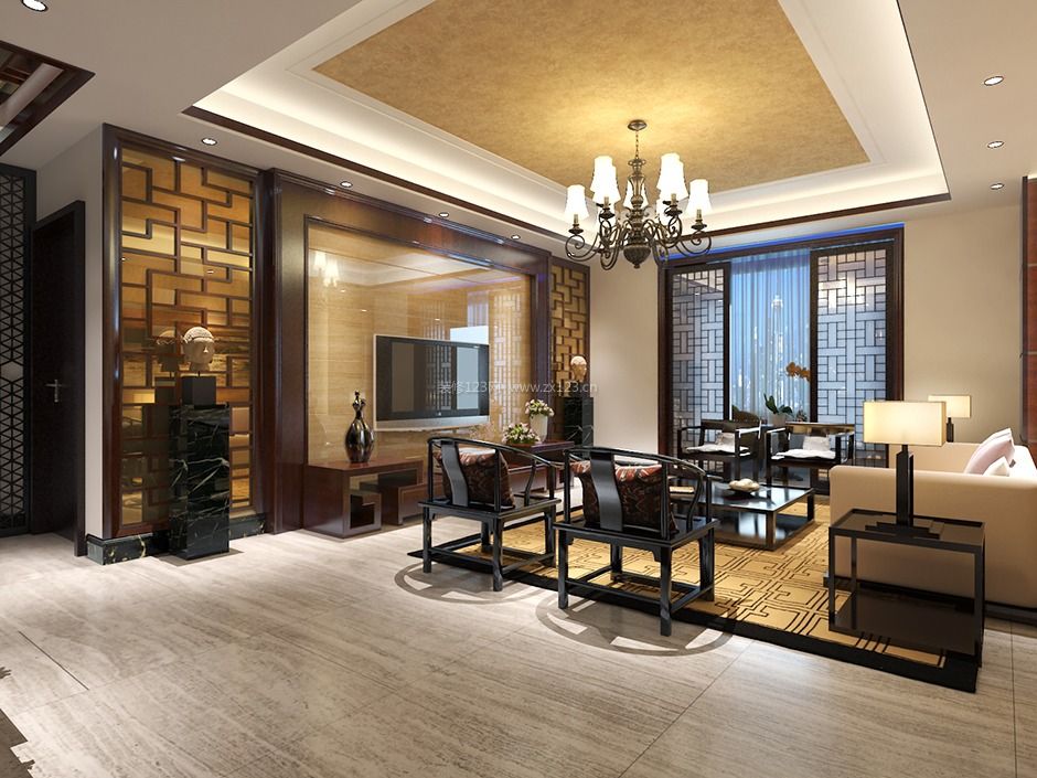 中式客厅微晶石电视背景墙装修效果图欣赏