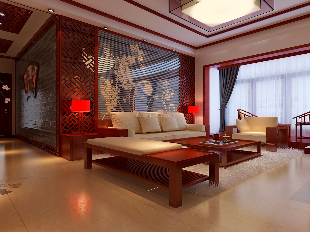 简约中式客厅沙发背景墙装饰设计效果图