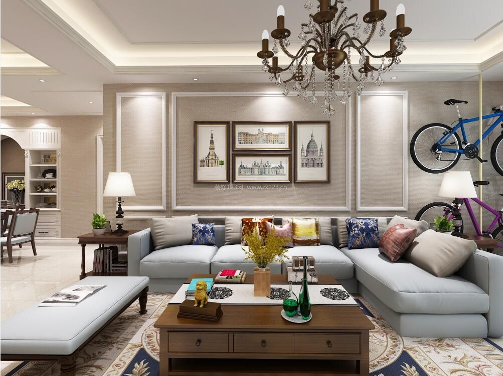 现代美式客厅左右布艺沙发装修效果图片
