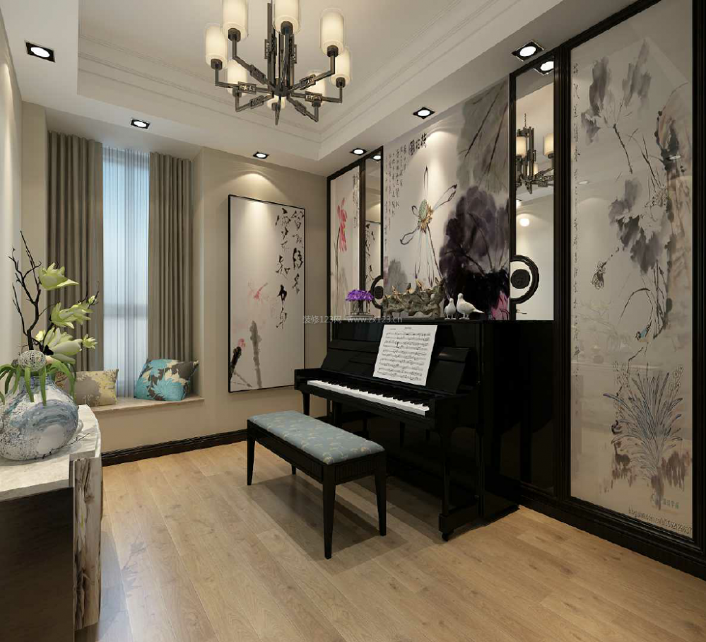 新中式别墅钢琴书房装修效果图